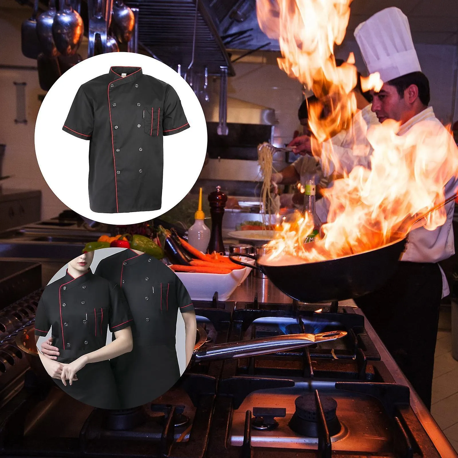 Chef Jacket Uniform Short Sleeve Breathable Apparel Pocket Cooking Kitchen L