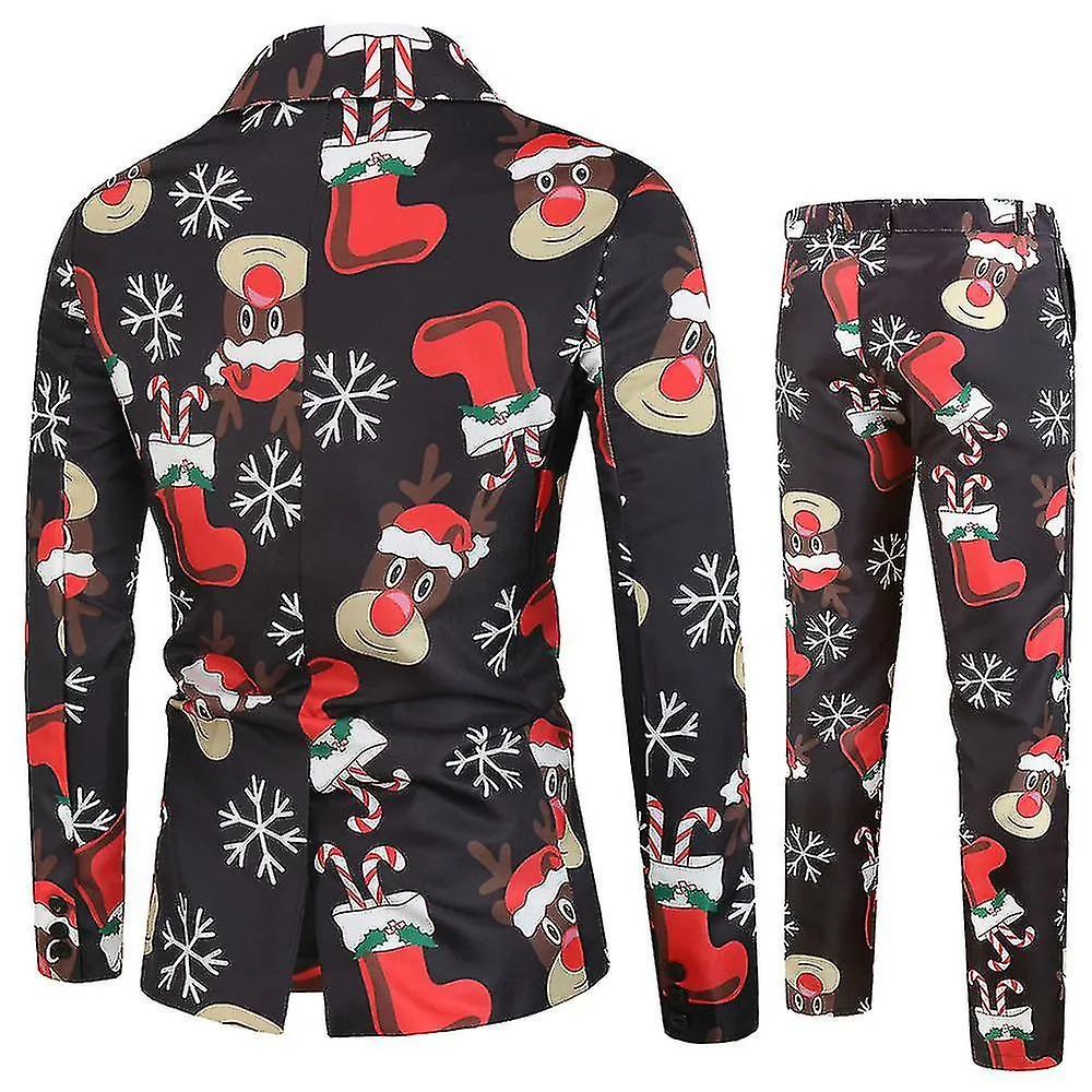 Christmas Men Printed Smart 2 Pieces Suit Set Lapel One Button Blazer Jacket Trousers Xmas Party Outfit