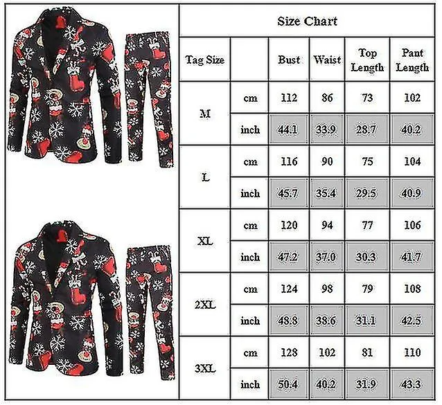 Christmas Men Printed Smart 2 Pieces Suit Set Lapel One Button Blazer Jacket Trousers Xmas Party Outfit