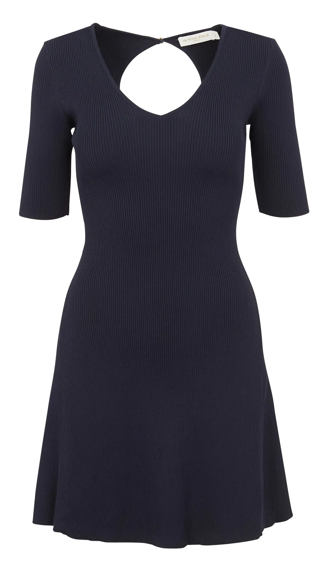 EVAELLE - Vestido skater corto de canalé con cuello de pico en azul