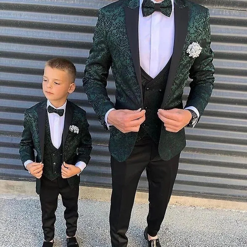 Green Seuqins Boy Mens Suits 3 Pcs Slim Fit Wedding Grooms Tuxedos Peaked Lapel Formal Blazer Kid Prom Suit Jacket+pants+vest