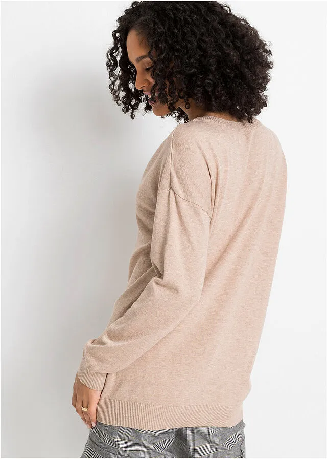 Jersey con cuello en V, oversize Beige jaspeado