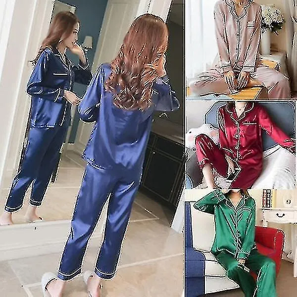 Ladies Fash Silk Satin Sleeve Pajamas Pajama Set Two Piece Set