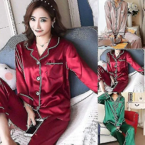 Ladies Fash Silk Satin Sleeve Pajamas Pajama Set Two Piece Set