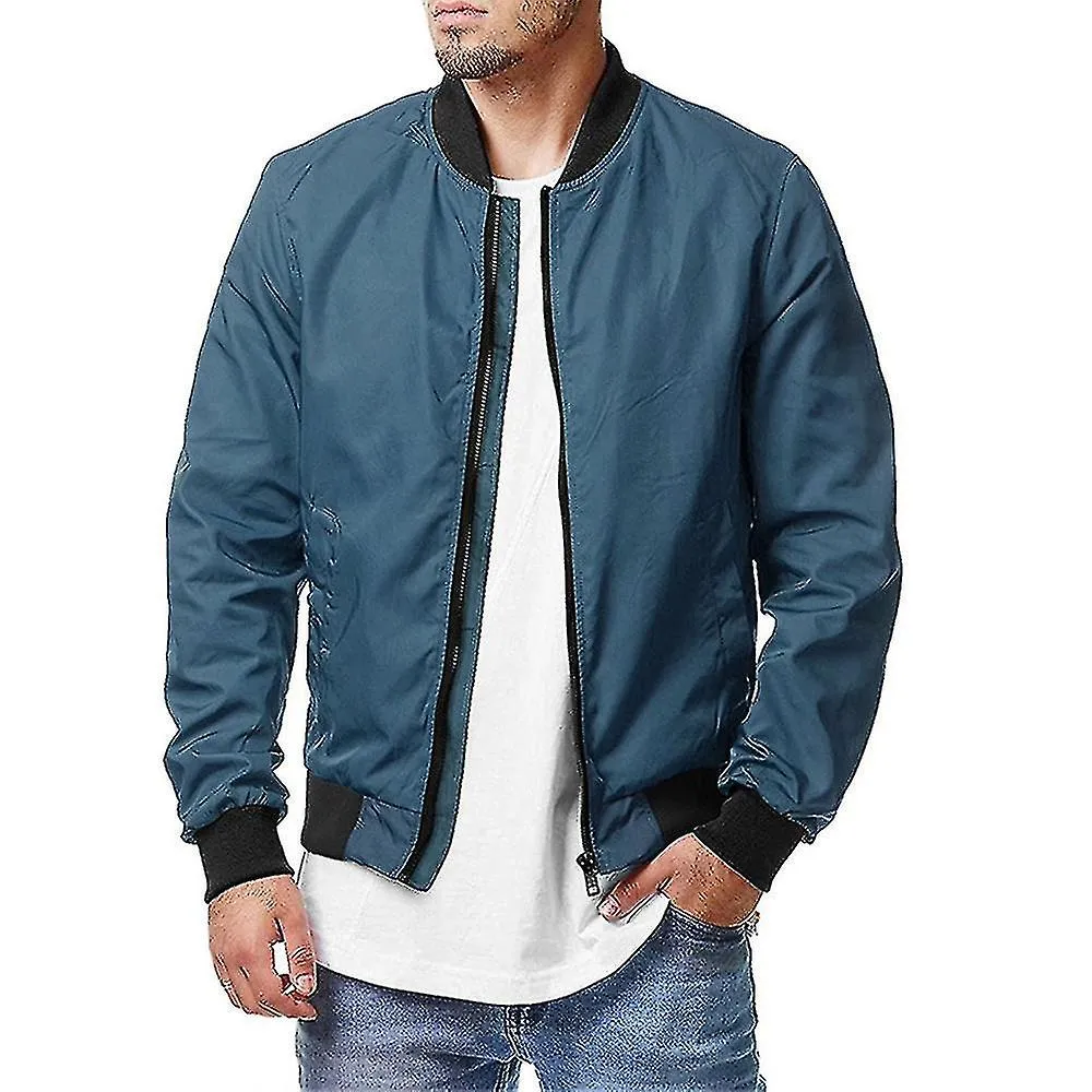 Men Classic Bomber Jacket Long Sleeve Casual Zip Up Coat Outwear Tops-L-Peacock Blue