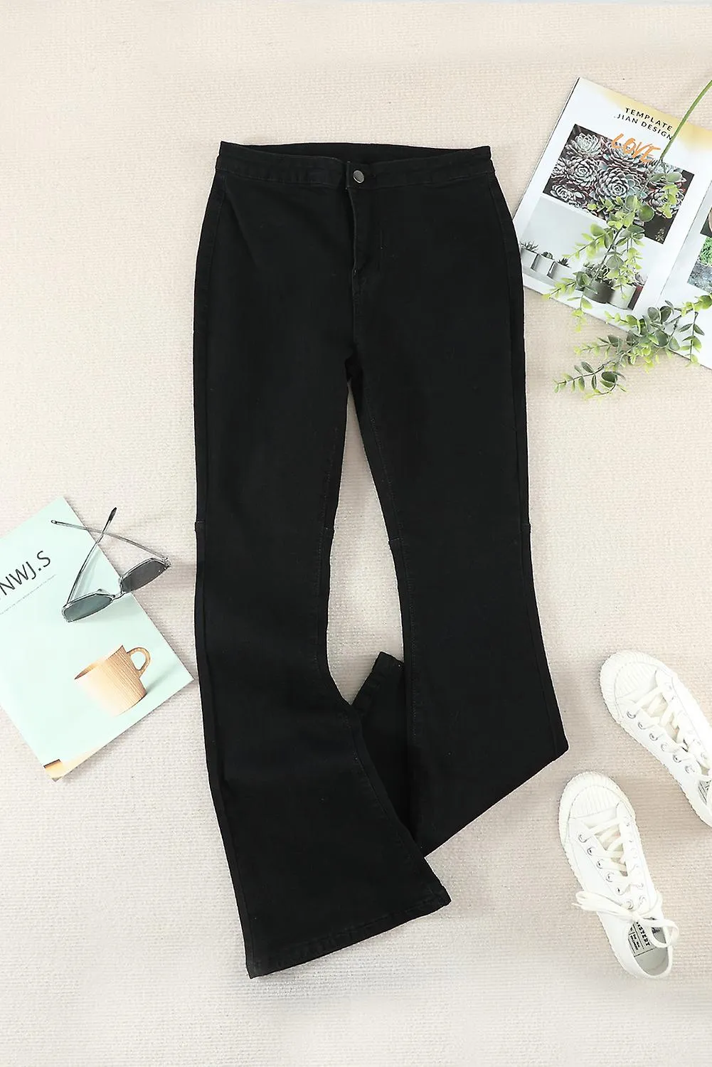 Women's Black High Waist Pockets Bell Jeans