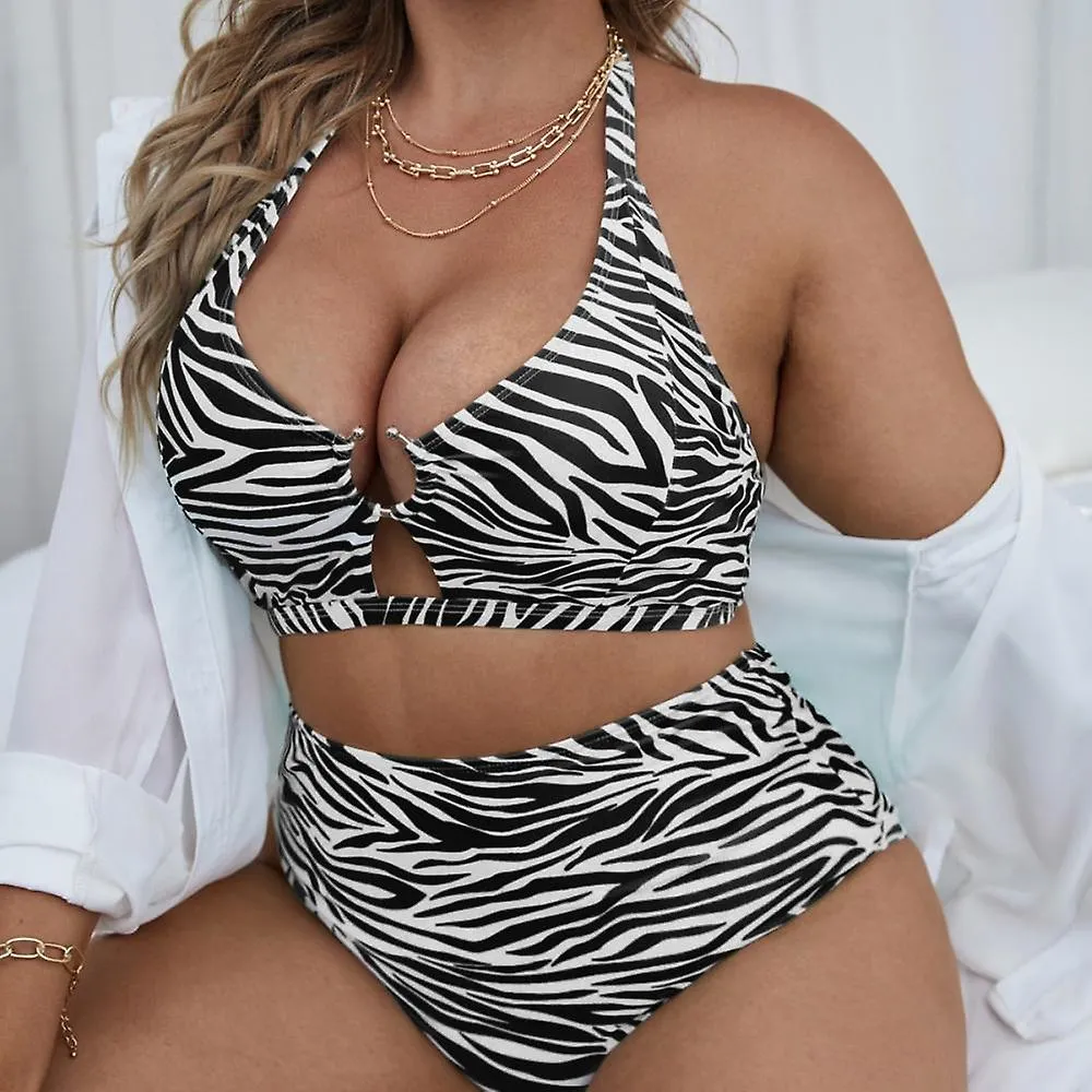 Women's Plus Size Halter Bikini Set Zebra Print Cut Out O Ring Swimsuit High Cut Tummy Control 2 Piece Bathing Suit