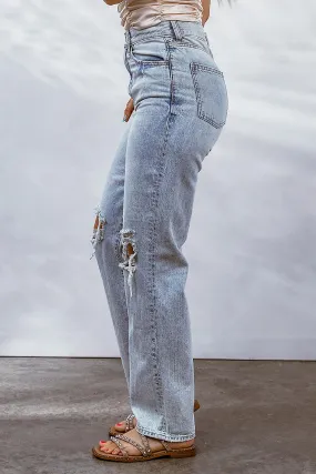 Women's Sky Blue Hollow-out Knee Ripped Boyfriend Jeans