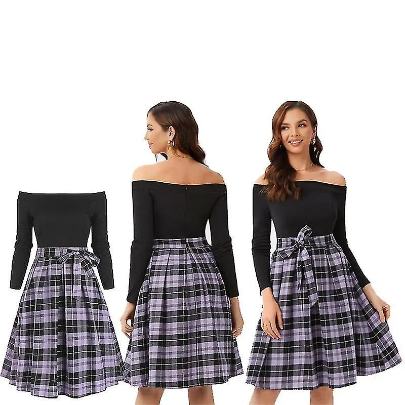 Women's Vintage Long Sleeve Tie Waist Print Plaid Off Shoulder  Swing Party Dress