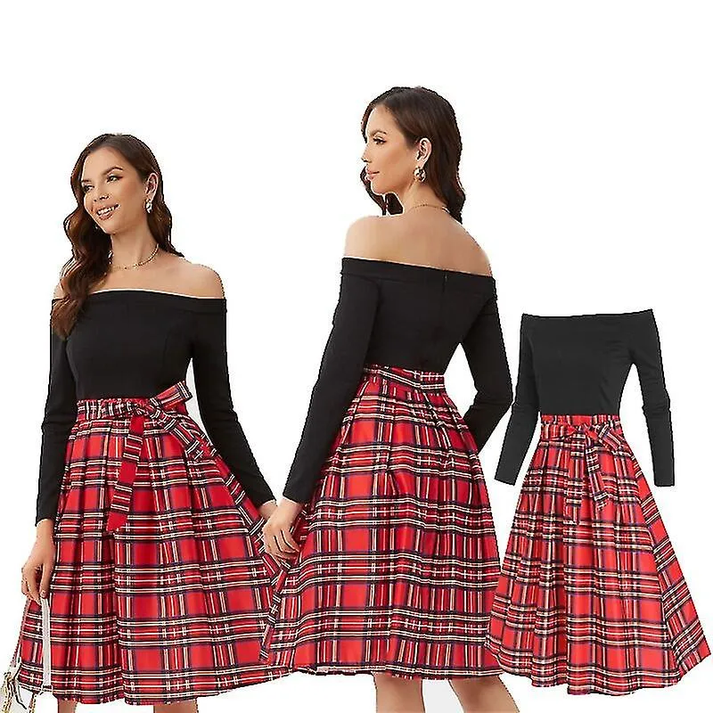 Women's Vintage Long Sleeve Tie Waist Print Plaid Off Shoulder  Swing Party Dress