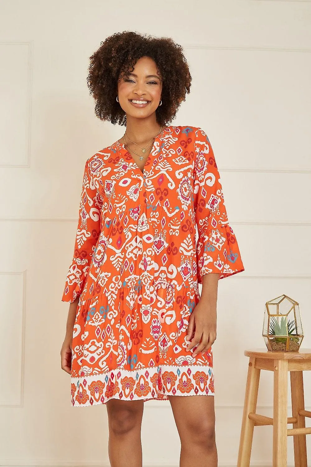 Women's Yumi Orange Ikat Print 3/4 Sleeve Tunic Dress