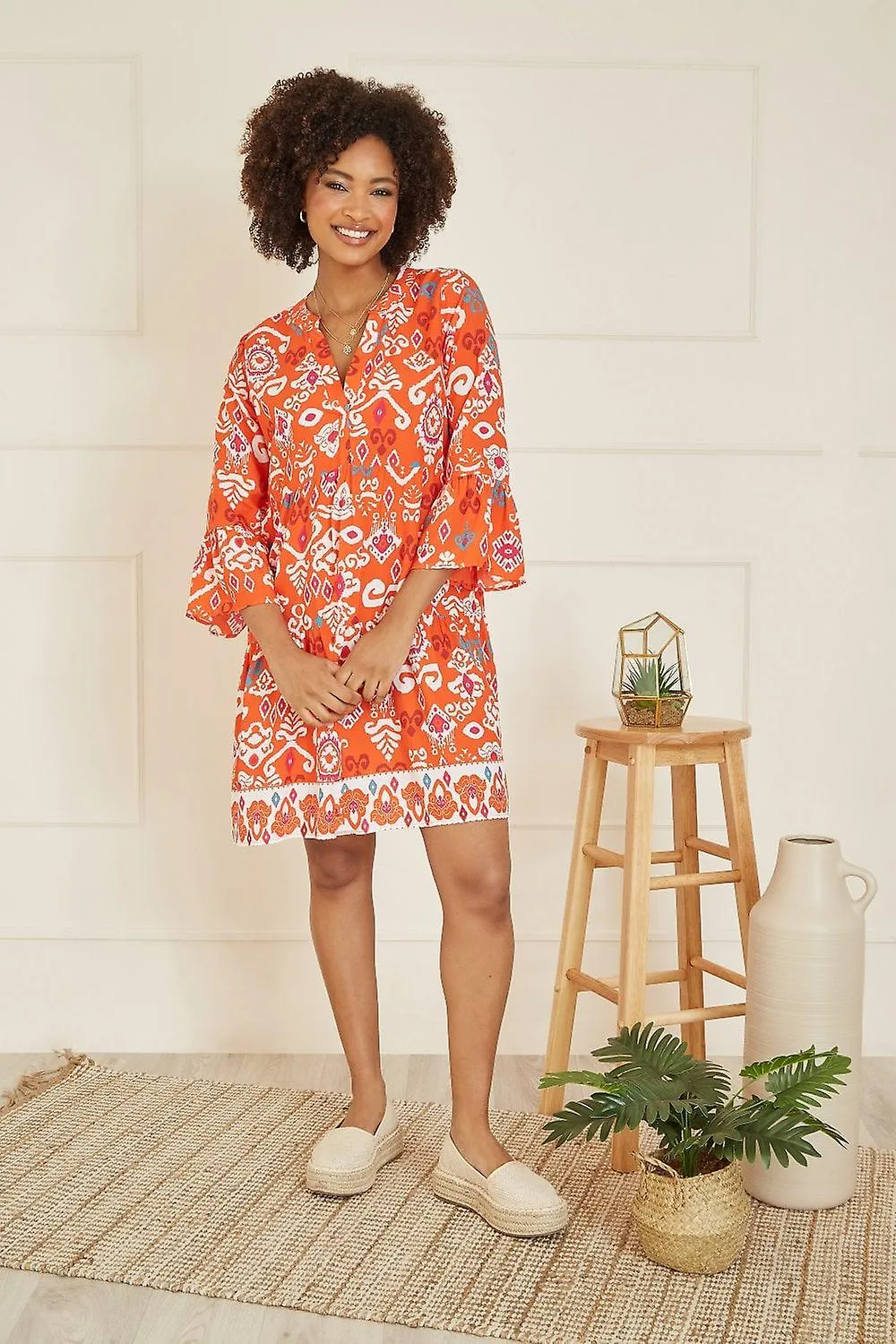 Women's Yumi Orange Ikat Print 3/4 Sleeve Tunic Dress