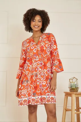 Women's Yumi Orange Ikat Print 3/4 Sleeve Tunic Dress