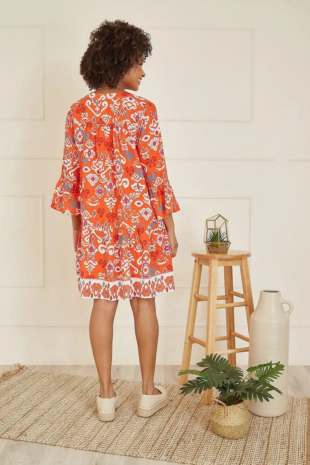 Women's Yumi Orange Ikat Print 3/4 Sleeve Tunic Dress