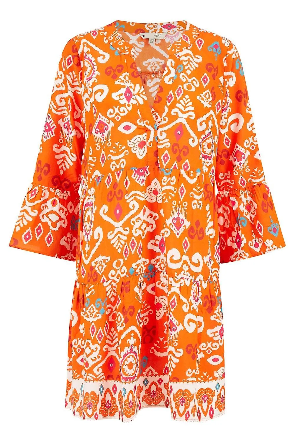 Women's Yumi Orange Ikat Print 3/4 Sleeve Tunic Dress