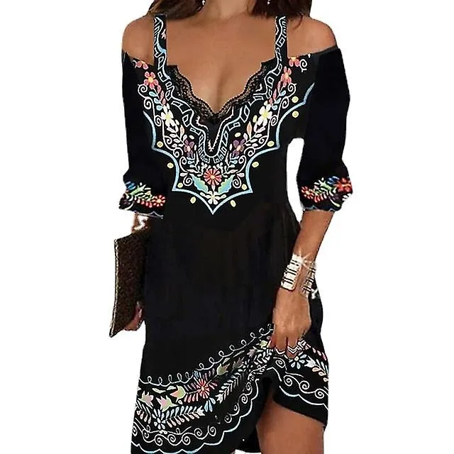 Women‘s Casual Dress Ethnic Dress Mini Dress Black 3/4 Length Sleeve Pure Color Print Summer Spring 