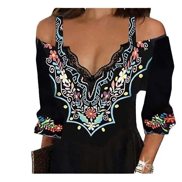 Women‘s Casual Dress Ethnic Dress Mini Dress Black 3/4 Length Sleeve Pure Color Print Summer Spring 