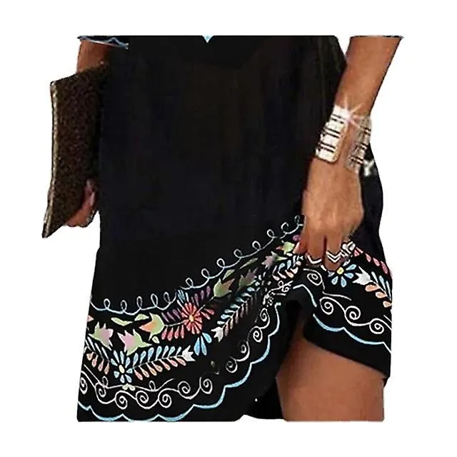 Women‘s Casual Dress Ethnic Dress Mini Dress Black 3/4 Length Sleeve Pure Color Print Summer Spring 