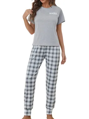 Womens Pajamas Spring/Summer Short-Sleeve PJ Set Comfortable Long Pants Set Casual Home Wear Grey XL