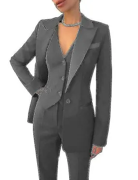 Womens Suit 3-piece Business Formal Work Wear Office Pants Set Ladies Jacket Casual Blazer+pants+vest15colors)-L-Dark Grey